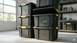 Close-up photorealistic illustration showing the reinforced interlocking lids and structural ribs of stackable heavy-duty storage totes for stable garage storage.