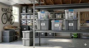 Grey Sterilite stacker totes and clear gasket boxes labeled for sports gear and cleaning supplies in a garage.