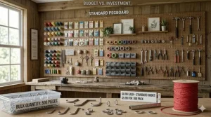 Multiple panels of standard white pegboard used as a budget-friendly storage solution for a large craft room.