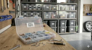 Small Sterilite divided case organizing screws and hardware on a wooden garage workbench.