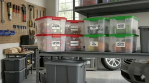 Sterilite holiday storage bins with festive lids neatly organized on upper garage shelving.