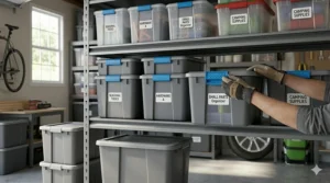 Close-up of a secure blue latch on a Sterilite storage bin being fastened by a hand in a garage.