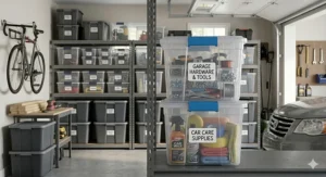 Clear Sterilite stacker totes labeled for garage hardware and car care supplies, showing visible interior contents.