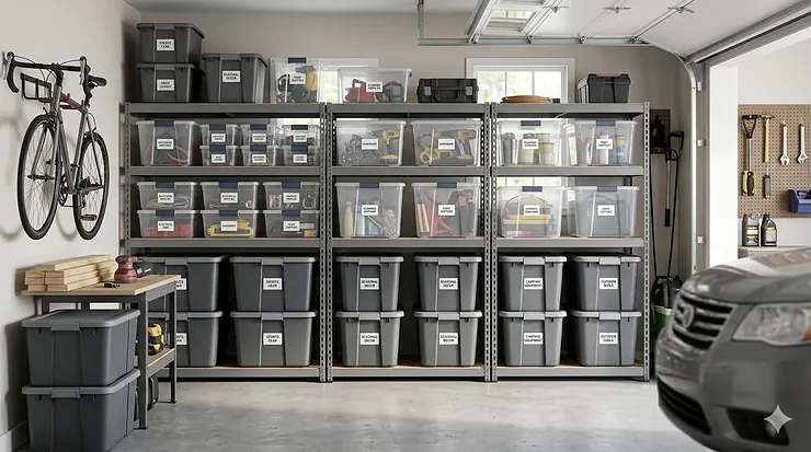 A neatly organized garage featuring stacked Sterilite storage bins on heavy-duty metal shelving units.