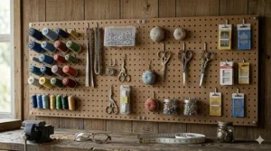 A standard brown Masonite pegboard mounted in a home garage with basic hand tools.