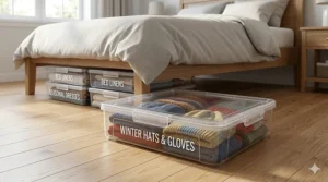 A low-profile clear storage bin with a lid designed for organizing shoes or linens under a bed frame.