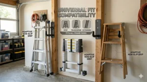 Comparison of different ladder types including telescoping and A-frame ladders using garage storage hooks.