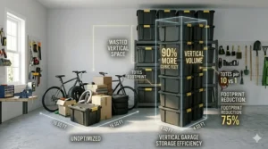 Isometric 4K photorealistic infographic comparing random storage to the efficient vertical stacking and reduced footprint of heavy-duty garage storage totes.