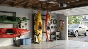 Space-saving vertical kayak storage rack for garage corners to maximize floor space.