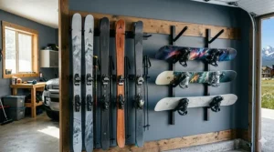A comparison illustration showing the space-saving benefits of vertical ski storage versus horizontal snowboard racks.