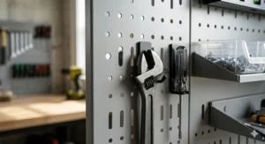 A photorealistic 4K close-up detailing the patented double-offset slotted hole pattern of a Wall Control metal pegboard, showing black heavy-duty hooks securely engaged.