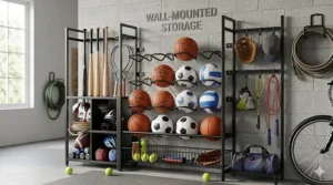 Space-saving wall-mounted ball rack installed on garage slatwall for easy access.