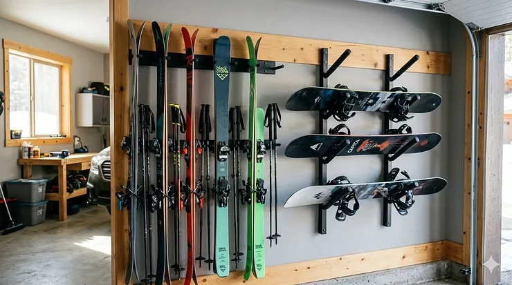 A wall-mounted ski and snowboard storage rack organizing multiple pairs of skis and snowboards in a home garage.