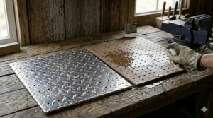 Comparison of water droplets beads on a metal diamond plate surface versus absorbing into a standard wood-fiber pegboard.