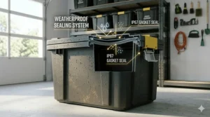 Close-up 4K photorealistic infographic illustrating the internal gasket seal and weatherproof sealing system of a heavy-duty storage tote.