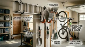 Heavy duty garage hooks holding shovels, rakes, and brooms in a compact arrangement.