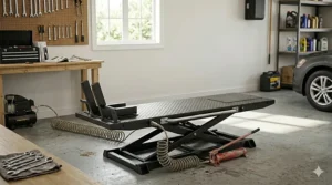 Pneumatic-powered motorcycle lift connected to a home garage air compressor for easy operation.