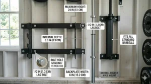 Technical diagram showing the width and depth dimensions of a wall-mounted barbell holder.