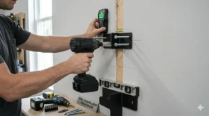 Illustration showing how to install a barbell holder wall mount into a wood wall stud.