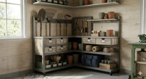 Illustration of a triangular garden tool organizer for garage corners to maximize small storage areas.