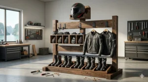 A custom-built wooden storage stand designed to hold one full set of motorcycle riding gear including a helmet, jacket, and boots.