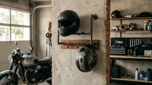 A dual motorcycle helmet storage rack holding two helmets side-by-side to save garage space.