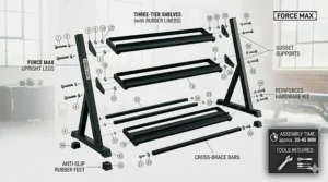 A simple, step-by-step assembly illustration for a home gym dumbbell storage rack, showing parts list and tools.