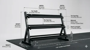 A technical illustration showing the height, width, and depth dimensions of a compact three-tier dumbbell storage rack.