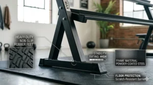 A close-up illustration focusing on the stable base and protective rubber feet of a home gym dumbbell storage rack.