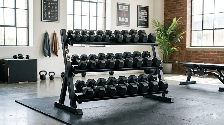 A high-resolution photo of a three-tier dumbbell storage rack holding hexagonal dumbbells in a bright, modern home gym with brick walls. dumbbell storage rack for home gym