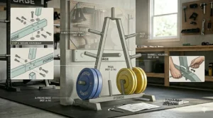 Step-by-step assembly illustration for a DIY-friendly weight plate storage rack for home gyms.