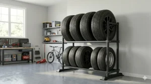 Multi-tier freestanding tire storage rack for garage floors with heavy-duty steel frame.