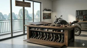 A wooden garage bench with built-in lower compartments optimized for motorcycle boot storage and organization.