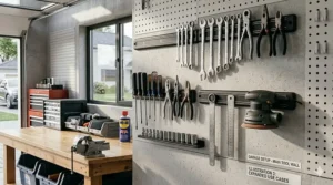 A clean garage workspace with magnetic tool holder strips mounted above a workbench for easy access to hand tools.