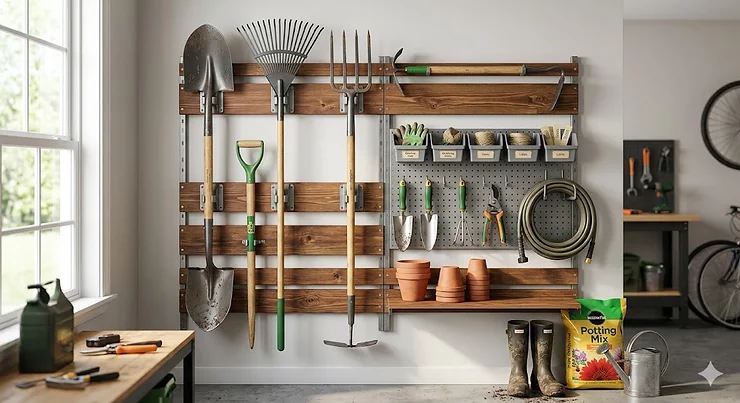A wall-mounted garden tool organizer for garage storage holding shovels, rakes, and power trimmers in a tidy layout.