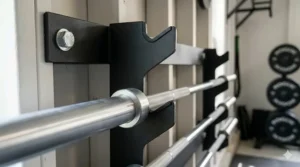 Close-up of a heavy-duty steel barbell holder wall mount with protective plastic lining.