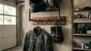 Industrial style motorcycle helmet storage rack featuring heavy-duty hooks for hanging leather riding jackets and gloves.