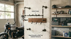 Close-up diagram showing the easy installation process of a wall-mounted motorcycle helmet storage rack into a wall stud.