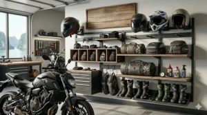 Industrial-style shelving unit used for motorcycle gear storage solutions, displaying riding boots, luggage, and cleaning supplies.