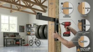 Diagram showing how to install a tire storage rack for garage onto wall studs safely.