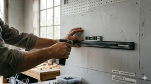 A step-by-step diagram showing how to mount magnetic tool holder strips to a wooden wall using screws.