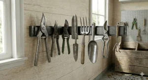 A magnetic strip garden tool organizer for garage walls holding metal gardening hand tools securely.