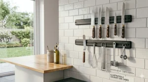 A sleek black magnetic tool holder strip used as a knife rack in a modern kitchen setting.