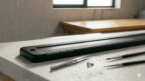 Close-up view of the durable steel frame and powerful magnet surface of a 12-inch magnetic tool holder strip.