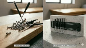 A product set illustration featuring three different lengths of magnetic tool holder strips: 8-inch, 12-inch, and 18-inch bars.