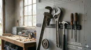 Illustration showing a magnetic tool holder strip securely holding a heavy pipe wrench to demonstrate high magnetic strength.