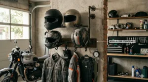 A modular motorcycle helmet storage rack system holding multiple helmets and racing gear on a slatwall.