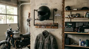 Graphic showing the standard dimensions of a motorcycle helmet storage rack to ensure fit for various helmet sizes.