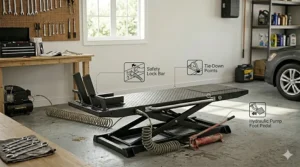 Close-up of a safety locking bar and tie-down loops on a motorcycle lift for home garage security.
