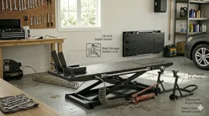 Rear paddock stand lifting the back wheel of a sportbike for chain maintenance in a garage.